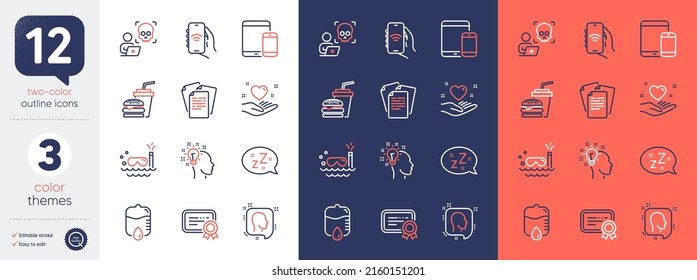 Set of Hamburger, Cyber attack and Internet app line icons. Include Head, Documents, Idea icons. Scuba diving, Mobile devices, Drop counter web elements. Hold heart, Certificate, Sleep. Vector