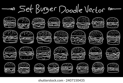 conjunto de ilustraciones del doodle de hamburguesa. colecciones de doodles de hamburguesas. hecho a mano de la hamburguesa. elementos de doodle de comida rápida.