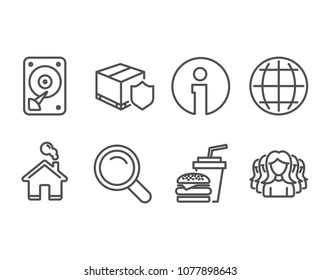 Set of Hamburger, Globe and Search icons. Delivery insurance, Hdd and Women group signs. Burger with drink, Internet world, Magnifying glass. Parcel protection, Hard disk, Lady service. Vector