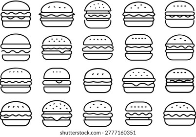 A set of hamburger icons in a black line art style, presented against a clean white background. The icons depict stacked burgers with visible layers.