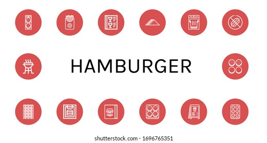 Set of hamburger icons. Such as Burger, French fries, Menu, Sandwich, No food, Bagel, Meatball, Charcoal grill, Burger bun , hamburger icons