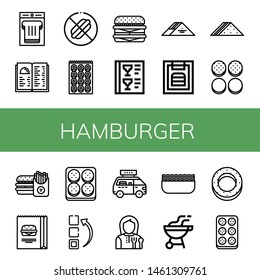 Set of hamburger icons such as Sandwich, Menu, No food, Bagel, Cheeseburger, Burger bun, Burger, Fast food, Lunchroom, Minced meat, Bbq, Meatball , hamburger