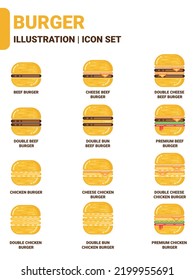 Set Reihe von Hamburger-Illustration und Icon für Essen und Getränke einzeln