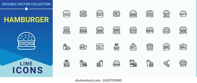 Set of Hamburger line icon. Contains such icons as cheese, fast, food, eat, ham, bun, bread. Burger icon set. Minimal linear icons. Editable vector art and illustration.