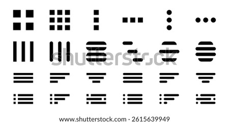Set of hamburger list menu icons. Buttons for website navigation isolated on white background. Mobile application interface elements. Vector graphic illustration.