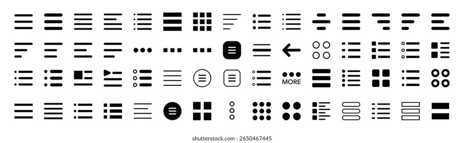 Conjunto de ícones do menu Hambúrguer. Menu de navegação do site. Botão do menu da interface do hambúrguer. Barras horizontais. Elementos de aplicativo móvel. Ilustração vetorial.