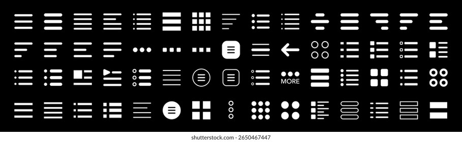 Conjunto de ícones do menu Hambúrguer. Menu de navegação do site. Botão do menu da interface do hambúrguer. Barras horizontais. Elementos de aplicativo móvel. Ilustração vetorial.