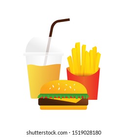 Set of hamburger with orange juice and french fries, vector, illustration.