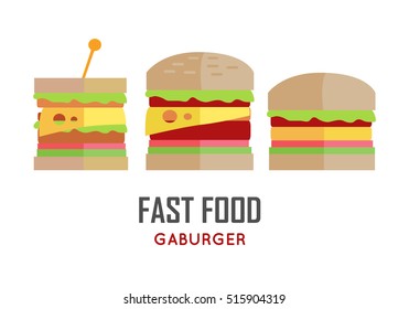 Set of hamburger and sandwich vector illustrations. Flat design. Fast food concept banner for cafe, snack bar, street restaurant ad, menu, logo, web page design. Isolated on white background.