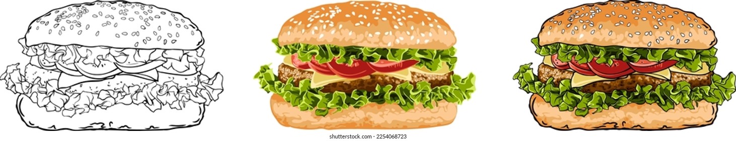 conjunto de hamburguesas aisladas en un fondo transparente. ilustración de vector alimentario