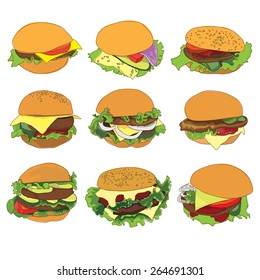 Set of hamburgers. Vector illustration