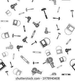 Set Hammer, Angle grinder, Paint bucket and Construction bubble level on seamless pattern. Vector