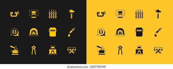 Set Hammer, Blacksmith pliers tool, Welding mask, oven, Classic iron fence, Clamp and screw and anvil icon. Vector
