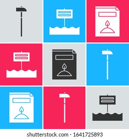 Set Hammer, Blank wooden sign board and A pack full of seeds of a specific plant icon. Vector