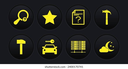 Set Hammer, , Autovermietung, Server, Daten, Web Hosting, Unbekanntes Dokument und Star Symbol. Vektorgrafik