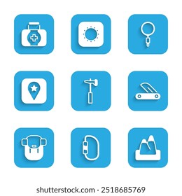Set Hammer, Carabiner, Mountains, Swiss army knife, Hiking backpack, Location for camping, Magnifying glass and First aid kit icon. Vector