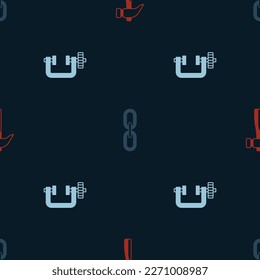 Set Hammer, Chain link and Clamp and screw tool on seamless pattern. Vector