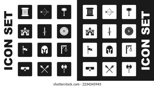 Set Hammer, Dagger, Castle, fortress, Decree, parchment, scroll, Round wooden shield, Medieval bow and arrow, Gallows and spear icon. Vector