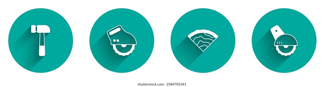 Set Hammer, Electric circular saw, Wooden beam and  icon with long shadow. Vector