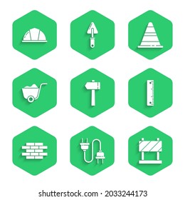 Set Hammer, Electric plug, Road barrier, Ruler, Bricks, Shovel, Traffic cone and Worker safety helmet icon. Vector