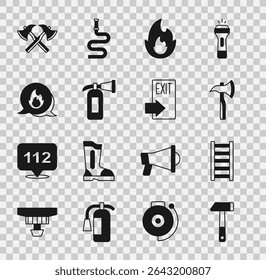 Set Hammer, Fire escape, Firefighter axe, flame, extinguisher, Emergency call,  and exit icon. Vector