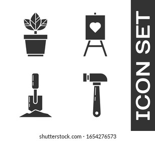 Set Hammer, Flowers in pot, Shovel in the ground and Wood easel or painting art boards icon. Vector