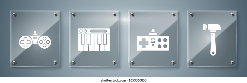 Set Hammer, Gamepad, Music synthesizer and Gamepad. Square glass panels. Vector