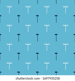 Set Hammer and Garden rake on seamless pattern. Vector
