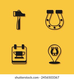 Set Hammer, Horseshoe, Blacksmith anvil tool and  icon with long shadow. Vector