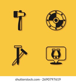 Conjunto de martillo, herradura, clavos metálicos e icono de escudo redondo con sombra larga. Vector
