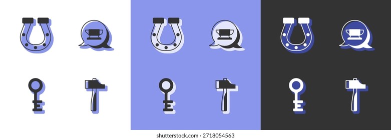 Conjunto de martillo, herradura, llave vieja e icono de herramienta de yunque de herrería. Vector