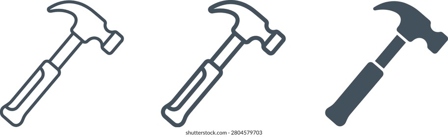 Set of hammer icons in different artistic styles with construction carpentry handyman equipment hardware maintenance industry illustration workmanship renovation housework professional