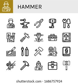 Set of hammer icons. Such as Painter, Judge, Anvil, Pliers, Hammer, Tools, Neurology reflex hammer, Jackhammer, Toolbox, Law book, Trowel, Paint tools, Carpenter , icons