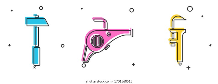 Set Hammer, Leaf garden blower and Calliper or caliper and scale icon. Vector