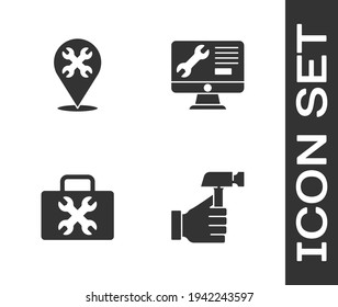 Set Hammer, Location with wrench, Toolbox and Computer monitor service icon. Vector
