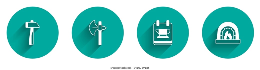 Ponga Hammer, hacha medieval, herramienta de yunque de herrero e icono del horno con sombra larga. Vector