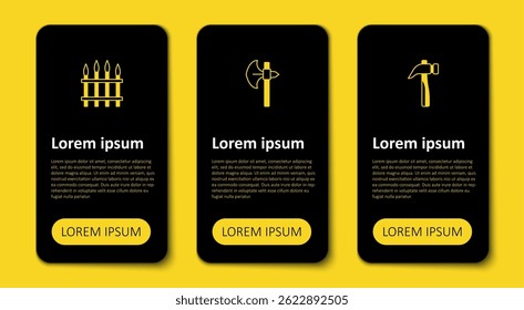 Set Hammer, mittelalterliche Axt und klassischer Eisenzaun. Vorlage für Geschäftsinformationen. Vektorgrafik