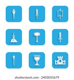 Set Hammer, Medieval goblet, Castle, fortress, sword, spear, Sword in the stone, flag and Torch flame icon. Vector