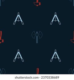 Set Hammer, Medieval poleaxe and Air blower bellows on seamless pattern. Vector