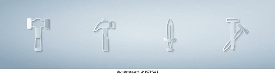 Ponga Hammer, espada medieval y uñas metálicas. Estilo de arte de papel. Vector