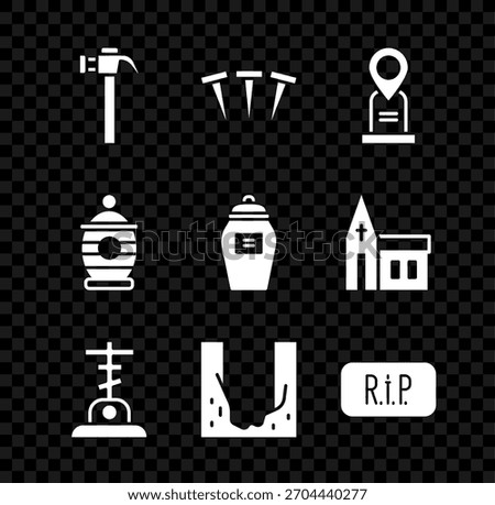 Set Hammer, Metallic nails, Location grave, Grave with cross, Cemetery digged hole, Speech bubble rip death, Funeral urn and  icon. Vector