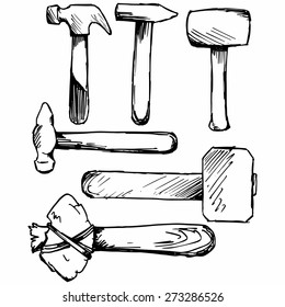 Set hammer on white background. Doodle style