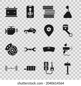 Set Hammer, Paint spray gun, Engine piston, Car tire wheel, Broken car, Check engine, battery and Location with service icon. Vector