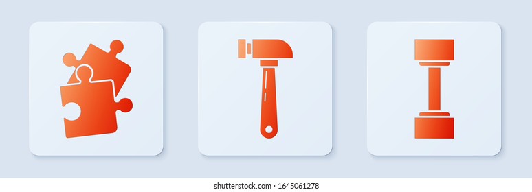 Set Hammer, Piece of puzzle and Dumbbell. White square button. Vector