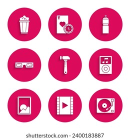 Set Hammer, Play Video, Vinyl player with vinyl disk, Music, Picture landscape, 3D cinema glasses, Fitness shaker and Popcorn cardboard box icon. Vector