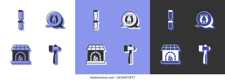 Set Hammer, Rasp metal file, Blacksmith oven and Horseshoe icon. Vector