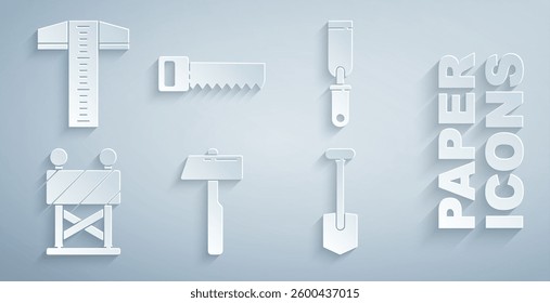 Set Hammer, Rasp metal file, Road barrier, Shovel, Hand saw and T-square line icon. Vector