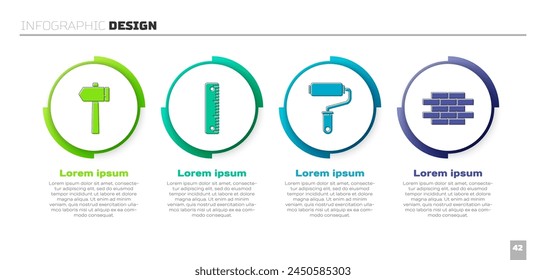 Set Hammer, Ruler, Paint roller brush and Bricks. Business infographic template. Vector