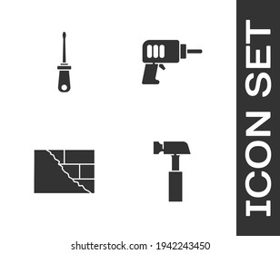 Set Hammer, Screwdriver, Bricks and Electric drill machine icon. Vector