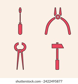Set Hammer, Screwdriver, Pliers tool and Pincers and pliers icon. Vector